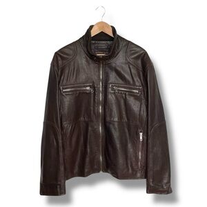 Andrew Marc Chocolate Brown Leather Moto Jacket Men’s Large Quilted Lining